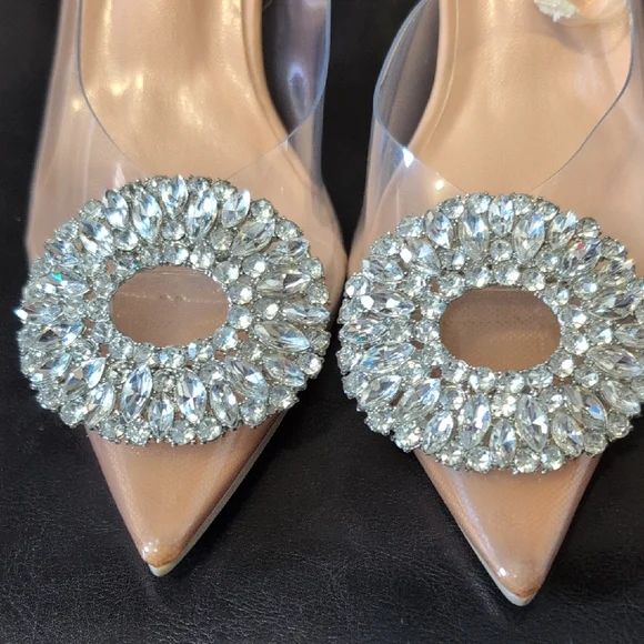 Nude Crystal-Embellished Pointed Toe Slingback Heels - Picture 6 of 7